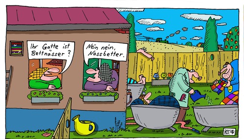 Cartoon: Freche Frage (medium) by Leichnam tagged freche,frage,bettnässer,nassbetter,vorgarten,kunden,feucht,badewanne,gießen,schlauch,gießkanne,dienstleistung,berufung