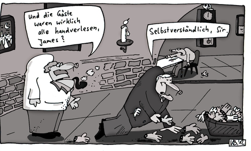 Cartoon: Gäste (medium) by Leichnam tagged handverlesene,gäste,james,sir,selbstverständlich,hände,nachbereitung,tod,dunkelheit,dumpfheit,beklemmung,düsternis,butler,herr,kerzenlicht,tabakspfeife