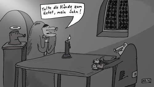 Cartoon: Gebet (medium) by Leichnam tagged beten,gebet,kirche,pfarrer,hände,falten,aufforderung,mein,sohn,glauben