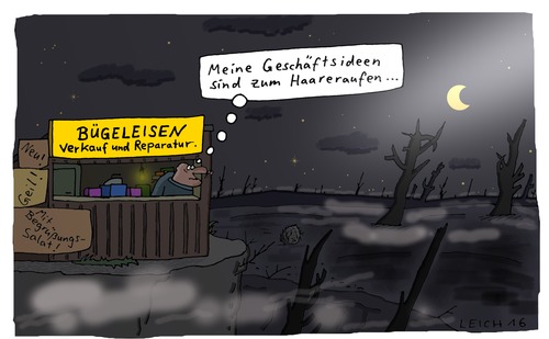 Cartoon: Geil! (medium) by Leichnam tagged geil,bügeleisen,verkauf,reparatur,verkaufsbude,geschäftsidee,misslungen,warten,vergeblich,keine,kunden,haareraufen,unternehmer,begrüßung,salat,neu,einöde,düsternis,nacht,und,nebel,mond,sterne