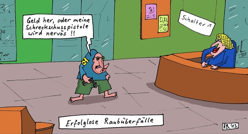 Cartoon: Geld her! (medium) by Leichnam tagged geld,her,sparkasse,bank,überfall,erfolglos,schreckschusspistole