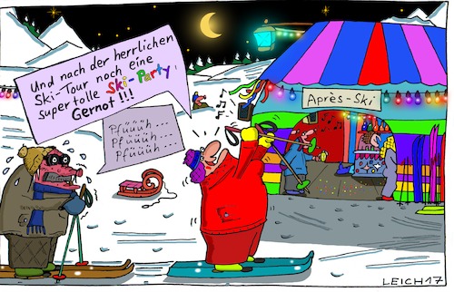 Cartoon: Gernooot! (medium) by Leichnam tagged gernot,party,nacht,mond,lichterkette,leichnamcartoon,winter,tour,ski,schneeschuh,pfüüüh