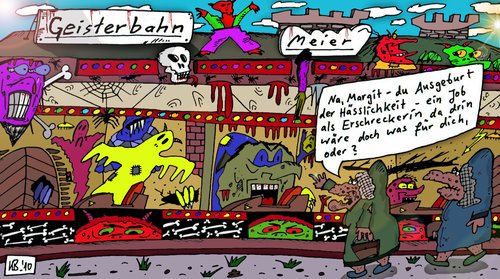 Cartoon: Gespenster (medium) by Leichnam tagged gespenster,gespensterbahn,geisterbahn,rummelplatz,kirmes,meier,margit,hässlich,hässlichkeit,erschrecker,schausteller,fahrgeschäft,ausgeburt