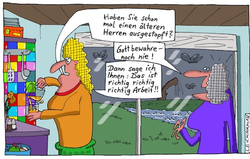 Cartoon: Gespräch (medium) by Leichnam tagged gespräch,herr,älter,ausstopfen,präparieren,arbeit,entsetzen,leichnam,leichnamcartoon