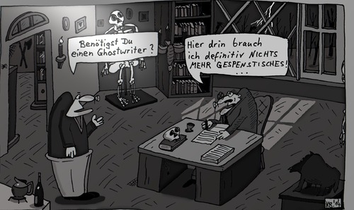 Cartoon: Ghostwriter (medium) by Leichnam tagged ghostwriter,benötigen,brauchen,definitiv,gespenstisch,unheimlich,gruselig,verflucht,spuk,düsternis,karg,einöde,wasteland,beklemmung,dunkel,finster,geisterhaus