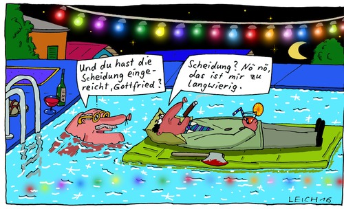 Cartoon: Gottfried (medium) by Leichnam tagged gottfried,schwarzer,humor,mord,axt,beil,pool,drinks,zigarre,langwierig,ehe,hass,zorn,scheidung,mond,sterne,nacht,sommernacht,lichterkette,schwimmen,wasser,luxus