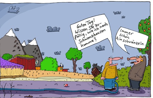 Cartoon: Guten Tag! (medium) by Leichnam tagged guten,tag,weg,schwanzhausen,überlänge,hinschwänzeln,frage,leichnam,leichnamcartoon