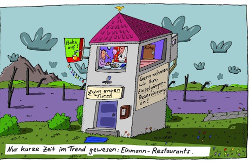 Cartoon: Hahn auf! (medium) by Leichnam tagged hahn,auf,restaurant,turm,kellner,ober,gast,tisch,essen,trinken,speise,trank,einmannrestaurant,trend,out,reservierung,leichnam,leichnamcartoon