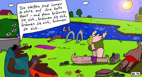 Cartoon: hell (medium) by Leichnam tagged hell,sommer,sonne,urlaub,hitze,schwimmen,freibad,fluss,bach,stolz,hautfarbe,afrikaner,dunkel,schwarz,bräunen,planschen