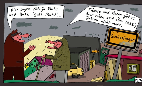 Cartoon: Hier (medium) by Leichnam tagged schüsslingen,mehr,nicht,lange,jahre,siebzig,ödland,nacht,gute,hase,fuchs