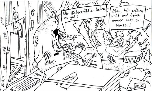 Cartoon: Hinterwäldler (medium) by Leichnam tagged hinterwäldler,einsam,allein,trommel,bumsen,musik,wald,unterholz