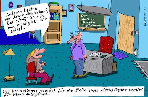 Cartoon: Hmm ... (medium) by Leichnam tagged hmm,arsch,abwischen,altenpfleger,vorstellungsgespräch,kevin,stelle,arbeit,job,personalleiter,können,leichnam,leichnamcartoon