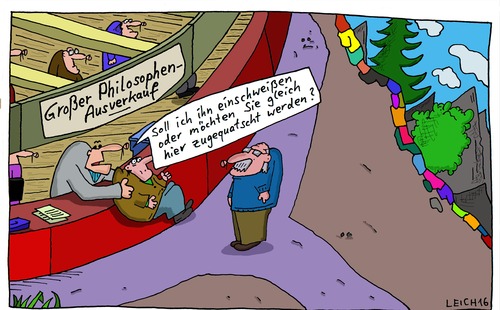 Cartoon: Hoch droben (medium) by Leichnam tagged hoch,droben,philosophie,philosophen,ausverkauf,verkäufer,käufer,interessent,zuquatschen,einschweißen,verpacken,service,gleich,hier