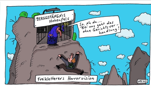 Cartoon: hoch hinaus (medium) by Leichnam tagged hoch,hinaus,strafe,gefängnis,knast,eingesperrt,bergwelt,felsen,freikletterer,horrorvision,ohne,gerichtsverhandlung,wärter,stangen,schwedische,gardinen,freiheitsentzug