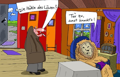 Cartoon: Höhle (medium) by Leichnam tagged höhle,des,löwen,gefahr,knacken,knochen,gefährlich,tür,zu,besuch,besucher,wohnung,entspannt,leichnam,leichnamcartoon