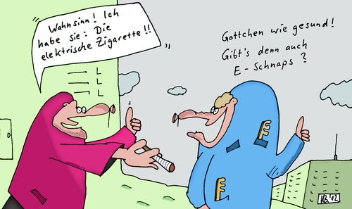 Cartoon: Ich habe sie! (medium) by Leichnam tagged ich,habe,sie,wahnsinn,elektrische,zigarette,schnaps,gottchen,begeisterung,gesund