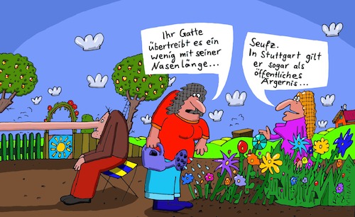 Cartoon: Im Garten (medium) by Leichnam tagged garten,nase,nasenlänge,übertreibung,leichnam,leichnamcartoon,stuttgart,ärgernis,öffentlich,riesig,zinken,gatte,blumen,gießen