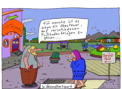 Cartoon: Im GP (medium) by Leichnam tagged leichnam,leichnamcartoon,gesundheitspark,seebär,abenteuer,barfußpfad,verschieden,beläge,fußboden,fressen,saufen