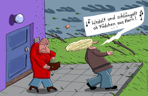 Cartoon: Im Herbste (medium) by Leichnam tagged herbst,jahreszeit,gattin,haarschopf,bewegt,wind,sturm,draußen,schlängelnd,wedelnd,fädchen,horn,leichnam,leichnamcartoon