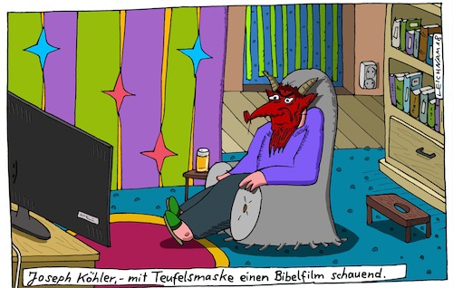 Cartoon: im Sessel (medium) by Leichnam tagged sessel,teufelsmaske,joseph,köhler,bibelfilm,tv,fernsehgerät,leichnam,leichnamcartoon