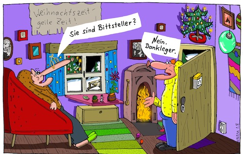 Cartoon: Im Sessel (medium) by Leichnam tagged sessel,weihnachten,bittsteller,dankleger,tür,spenden,leichnam,leichnamcartoon