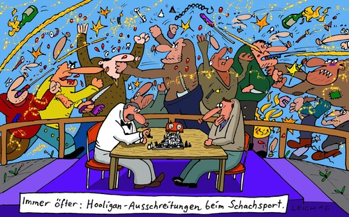 Cartoon: Immer öfter (medium) by Leichnam tagged mollis,feuerwerkskörper,knallerei,böller,feuerwerk,feuer,klatsch,gewalt,boxen,knuff,schläge,prügelei,sportveranstaltung,sport,schachsport,ausschreitungen,hooligans,öfter,immer