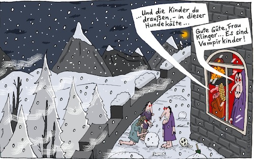 Cartoon: In den Karpaten (medium) by Leichnam tagged aberwitz,vampire,vampirkinder,kälte,schnee,eis,wald,wind,sturm,grusel,horror,hundekälte,frau,klinger,besorgt,vater,gute,güte,leichnam,leichnamcartoon,schneemann