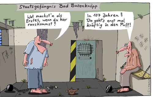Cartoon: In der Zelle (medium) by Leichnam tagged sbb,staatsgefängnis,bad,busenknöpp,107,jahre,entlassung,freiheit,puff,bordell,häftlinge,gefangen,stabhaus,leichnam,leichnamcartoon