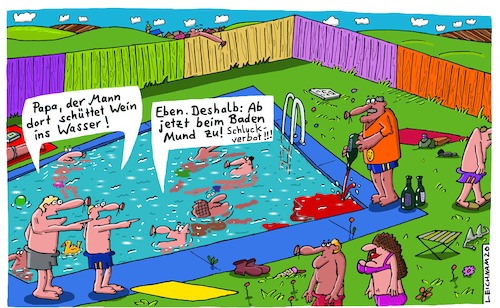 Cartoon: In Rahnsdorf (medium) by Leichnam tagged rahnsdorf,papa,söhne,wein,flaschen,freibad,schwimmbad,rotfärbung,mund,kinder,alkoholverbot,leichnam,leichnamcartoon,planschen,sommer,sonne,freizeit,hitze