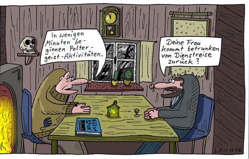 Cartoon: In wenigen Minuten ... (medium) by Leichnam tagged in,wenigen,minuten,poltergeist,frau,gattin,dienstreise,zurück,betrunken,aktivitäten,paranormal,spuk,mitternacht,geisterstunde