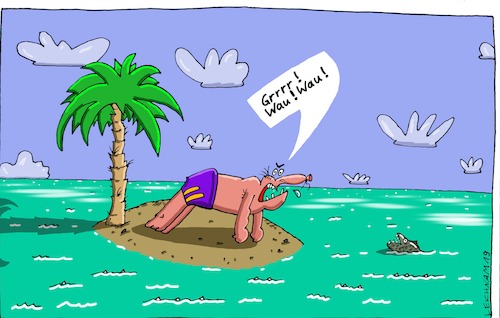 Cartoon: Inselscherz (medium) by Leichnam tagged inselwitz,inselscherz,grrrr,wau,verteidigung,fisch,zähne,mensch,palme,see,meer,ozean,leichnam,leichnamcartoon,abwehrstellung,verrückt,wahnsinnig