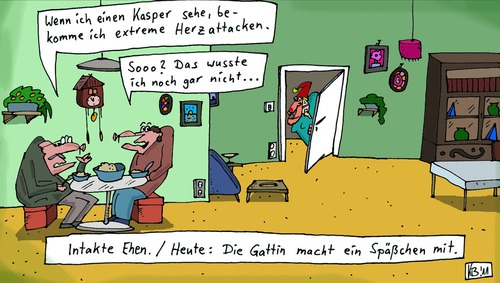 Cartoon: Intakt (medium) by Leichnam tagged intakt,leichnam,kasper,erschrecken,gattin,ehe,extrem,herzattacke,späßchen,scherz,unwissen