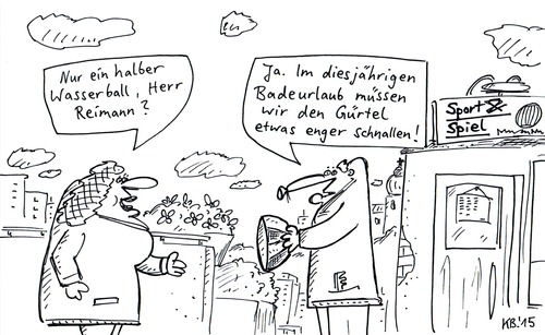 Cartoon: Ja. (medium) by Leichnam tagged ja,wasserball,badeurlaub,geld,konto,gürtel,enger,schnallen,halb,herr,reimann,sport,und,spiel