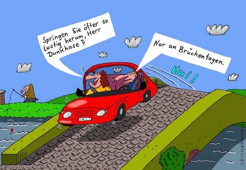 Cartoon: Jump (medium) by Leichnam tagged jump,sprung,springen,brücke,brückentag,dunkhase,automobil,leichnam,leichnamcartoon,hui