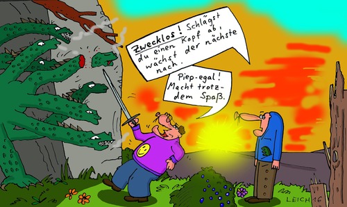 Cartoon: Kämpfer (medium) by Leichnam tagged kämpfer,drache,siebenköpfig,abschlagen,schwert,mut,zwecklos,macht,spaß,nachwachsen,nachwuchs