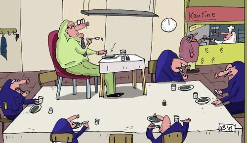 Cartoon: Kantine (medium) by Leichnam tagged kantine,betriebsessen,chef,boss,unterstellte,arbeiter,speis,und,trank