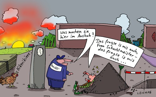 Cartoon: Kikerikieee! (medium) by Leichnam tagged kikerikieee,aushub,wachtmeister,schachtmeister,polizei,betrunken,besoffen,alkohol,säufer,trinker,erde,baustelle,übernachtung,sonnenaufgang,fragen,über