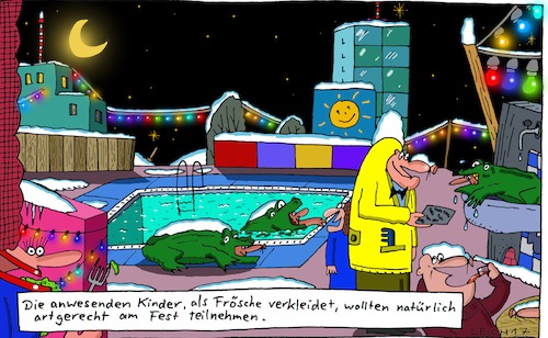 Cartoon: Kinder (medium) by Leichnam tagged fest,kinder,frösche,verkleidet,artgerecht,nacht,mond,lichterkette,teilnahme,futter,schwimmbecken