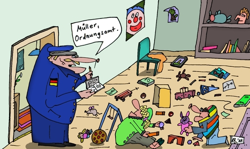 Cartoon: Kinderstube (medium) by Leichnam tagged kinderstube,ordnungsamt,müller,kinderzimmer,unordnung,spielzeug,aufräumen