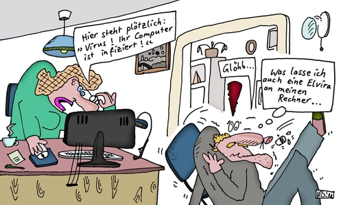 Cartoon: Kleines Unglück (medium) by Leichnam tagged technik,infiziert,computer,elvira,virus,erschrecken,entsetzen