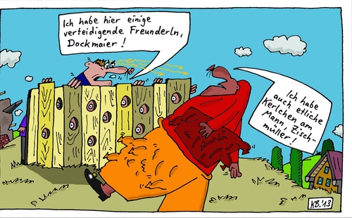 Cartoon: Konfrontation (medium) by Leichnam tagged konfrontation,verteidigung,freunderln,dockmaier,kerlchen,am,mann,zischmüller,armee,kampfbereit,auseinandersetzung,begegnung,wut,zorn,gewappnet,vorbereitet