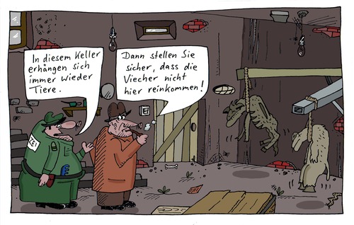 Cartoon: Krimi (medium) by Leichnam tagged krimi,keller,tiere,erhängen,selbstmord,viecher,absperren,polizei,kommissar,suicid,strick