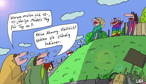 Cartoon: Lippenstift und co. (medium) by Leichnam tagged lippenstift,keine,ahnung,mädel,12,13,indianer,spielen,bunt,tuschkasten,farbkasten