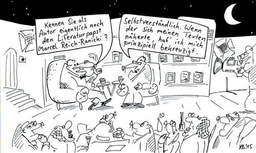 Cartoon: Literaturnacht (medium) by Leichnam tagged marcel,reich,ranicki,literatur,literaturnacht,rundfunk,fernsehen,moderation,autoren,schriftsteller,bücher,texte,manuskripte,publikum,bekreuzigen,prinzipiell