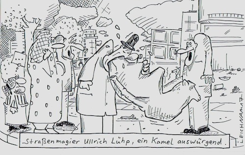 Cartoon: Lühp (medium) by Leichnam tagged lühp,straßenmagie,magier,ullrich,kamel,auswürgen,erstaunen,passanten,zaubertrick,leichnam,leichnamcartoon,fußgängerzone