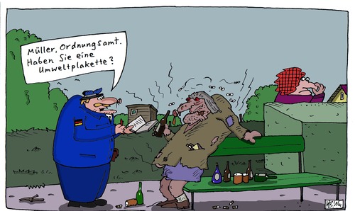 Cartoon: M vom OA (medium) by Leichnam tagged müller,ordnungsamt,alki,park,asozial,säufer,trinker,pflichtbewusst,genau,penibel,notizbuch,gründlichkeit,schandfleck,abstoßend,kaputt,versoffen,bier,schnaps,wein,zigaretten