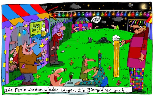 Cartoon: Mal nachmessen! (medium) by Leichnam tagged nachmessen,biergläser,feste,festlichkeit,feierlichkeit,nacht,mond,sterne,lichterkette,hahn,auf,fröhlichkeit,geselligkeit,frieden,harmonie,freundschaft,leichnam,leichnamcartoon