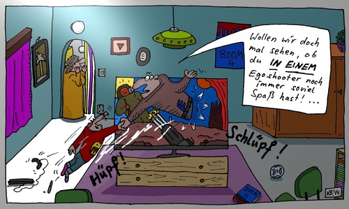 Cartoon: mal sehen ... (medium) by Leichnam tagged mal,sehen,egoshooter,videogame,spaß,freude,virtuelle,realität,vater,und,sohn,erziehungsmaßnahme,spielkonsole