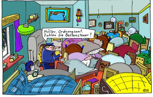 Cartoon: Mal wieder Mülli (medium) by Leichnam tagged mal,wieder,mülli,müller,ordnungsamt,betten,bettensteuer,misstrauen,schlafzimmer,geld,geldeintreiber,deutsche,gründlichkeit,beamter