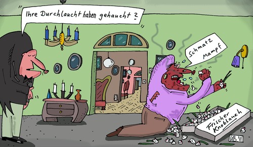 Cartoon: Mampf (medium) by Leichnam tagged mampf,spotz,schleck,schmatz,leichnam,knoblauch,frisch,essen,fressen,lakai,diener,anfrage,durchlaucht,hoheit,hauchen